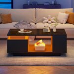 Table basse led noire avec tiroir 100 x 50 x 36 cm table de salon brillante avec compartiment de rangement ...