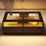 Table basse led avec plateau en verre tremp� 2 tiroirs double niveau usb 100�50�35 cm noir