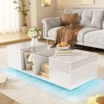 Table basse maisentiel design moderne blanc laqu� avec plateau en verre et �clairage led 16 couleurs ...