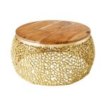 Table basse metrix ronde 72 cm dor�e avec plateau en bois dacacia ? table basse design en aluminium et ...