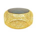 Table basse metrix ronde 74 cm dor�e avec plateau en verre tremp� noir ? table basse design avec niche ...