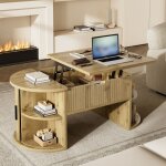 Table basse moderne relevable table de salon avec �tag�res ouvertes et rangement cach� portes coulissantes ...