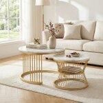 Table basse moderne ronde - lot de 2 - marbre blanc et or - design �l�gant avec pied - table de salon ...