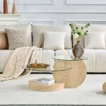 Table basse moderne en verre - deux niveaux - verre de s�curit� - mdf � grain de bois clair - 90x90x44 ...