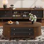 Table basse en noyer - 100x50x40 cm avec rangement et portes coulissantes / deux tiroirs / 4 pieds table ...