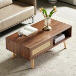 Table basse en osier portes coulissantes pieds en bois massif h40 / l1050 / p55 cm noyer fonc�