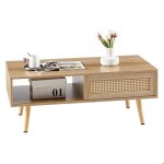 Table basse en osier table � th� avec portes coulissantes pieds en bois massif table de salon moderne ...