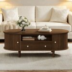 Table basse ovale 100x50x36 cm - finition noyer - rangements : tiroir + volet roulant + niches - structure ...
