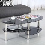 Table basse ovale avec 2 Étagères en verre trempé - noir Table basse ovale avec 2 Étagères en verre trempé - noir