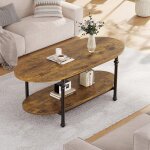 Table basse ovale 2 niveaux avec plateau relevable en bois - �tag�re ouverte et pieds colonne en m�tal ...