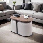 Table basse ovale 78x39x45 cm noir et naturel + 2 poufs en velours gris Table basse ovale 78x39x45 cm noir et naturel + 2 poufs en velours gris