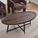 Table basse ovale design minimaliste plateau mdf marron pi�tement m�tal noir stable 110x55x45 cm