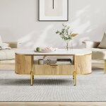 Table basse ovale - lunsy - aspect marbre - bois de ch�ne - pieds en m�tal dor� - tiroir pratique - large ...