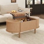 Table basse ovale relevable 100x48x535 cm table de salon vintage avec rangement int�gr� pieds en bois ...