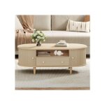 Table basse ovale salon ch�ne avec tiroir et porte tambour rangement en mdf 100x50x36 cm
