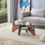 Table basse ovale en verre - 1049x60 cm - verre de s�curit� - cadre couleur noyer - �tag�re int�gr�e