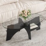 Table basse ovale en verre tremp� avec pieds en bois noir table basse�salon transparente moderne avec ...