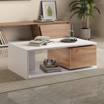 Table basse pivotante 90 x 50 x 30 cm blanc et bois avec tiroir 360� et rangement plateau haute brillance ...
