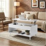 Table basse avec plateau relevable v�rin � gaz rangement ouvert pour bureau ou salle � manger blanc