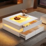 Table basse avec plateau verre transparent table de salon carr� avec lumi�res led 3 tiroirs table dappoint ...