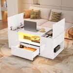 Table basse avec rangement 1 tiroir + 2 coffres led pilotable par app blanc laqu� 100x50x40 cm