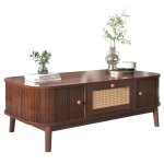 Table basse rectangulaire en rotin avec 2 tiroirs et portes coulissantes pieds bois massif 110�55�385 ...