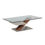 Table basse rectangulaire socle en acier et 2 plateaux en verre tremp�