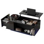 Table basse relevable 100 x 50 x 40 cm rangement cach� + tiroir bande led bluetooth panneaux de particules ...