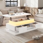 Table basse relevable 100cm - ambiance - blanc brillant - plateau ajustable & led - 2 tiroirs + coffre ...
