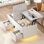 Table basse relevable 100x45x43cm table dappoint brillante blanche salon avec �clairage led 2 tiroirs ...