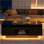 Table basse relevable 100x45x43cm noir laqu�e brillante 2 tiroirs et rangement dissimul� �clairage led ...
