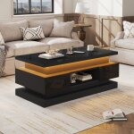 Table basse relevable 100x50 cm noir laqu� brillant led 2 tiroirs et rangement dissimul� console et salon ...