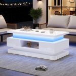 Table basse relevable - 100x50x40 cm - blanc brillant - plateau ajustable & led - 2 tiroirs + coffre ...