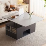 Table basse relevable 100x51x47 cm 2 en 1 avec plateau pliable 2 tiroirs rangement panneau de particules ...