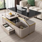 Table basse relevable 120cm avec 4 tabourets rangement plateau noir laqu� brillant meuble gain de place ...