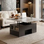Table basse relevable 2 en 1 - 100x51x47cm - ambiance - double plateau gris avec coffres cach�s et tiroirs ...