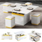 Table basse relevable - 2 tiroirs et 4 tabouret - compartiments cach�s - 3 en 1 table de salon - brillance ...