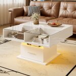 Table basse relevable 78x78x45. 5 cm avec �clairage led et rangement panneau de particules blanc