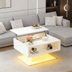 Table basse relevable 80x75x40cm table dappoint brillante blanche salon scandinave avec bande led rangement ...