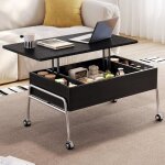 Table basse relevable 90cm avec 4 roulettes verrouillables plateau �l�vable rangement pratique design ...
