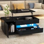 Table basse relevable 95x50x40 cm avec led rgb 1 tiroir 1 placard et rangement cach� noir laqu�