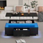 Table basse relevable 96x45x40cm led int�gr�es plateau laqu� rangement cach� et tiroir id�ale bureau ...
