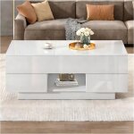 Table basse relevable blanche 100 x 45 x 43 cm led 2 tiroirs plateau rabattable panneaux de particules ...