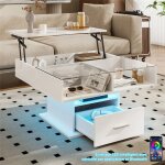 Table basse relevable blanche brillant avec led et plateau en verre coffee table moderne avec rangement ...