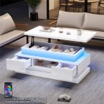 Table basse relevable blanche brillant avec led et usb coffee table avec rangement 2 tiroirs compartiment ...