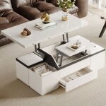 Table basse relevable blanche avec rangement et 4 poufs verre tremp� table multifonction gain de place ...