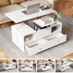 Table basse relevable double extensible blanche table basse�salon moderne design avec 4 tiroirs et roulettes ...