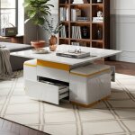 Table basse relevable extensible 100cm - ambiance - blanc brillant et jaune - 4 poufs inclus - tiroir ...