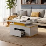 Table basse relevable extensible 100cm - blanc brillant et jaune - 4 poufs inclus - tiroir - meuble gain ...