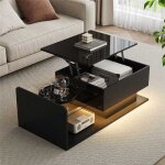 Table basse relevable led 100 cm avec plateau en verre tremp� et rangement table de salon noir haute ...